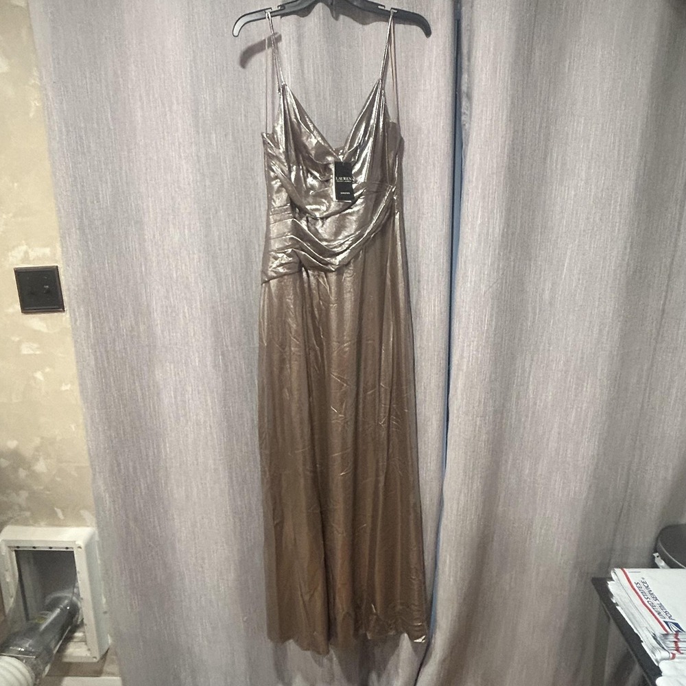 Lauren‎ Ralph Lauren Dress Womens 6 Silver Metallic Plunge Neck Ruched Maxi Gown